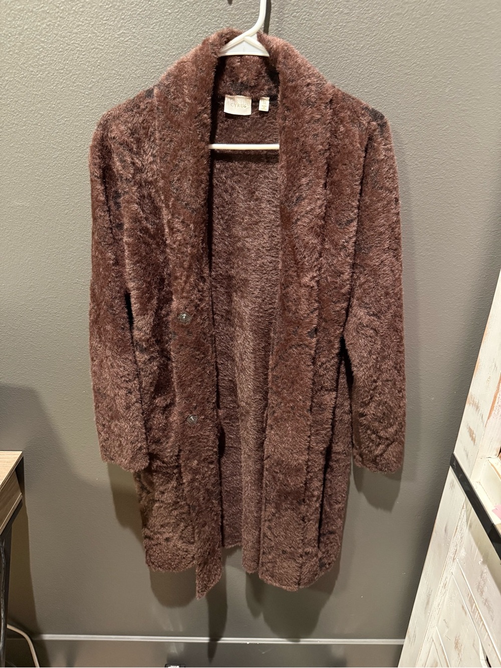 Cyrus Plush Faux-Fur Open Cardigan in Brown
